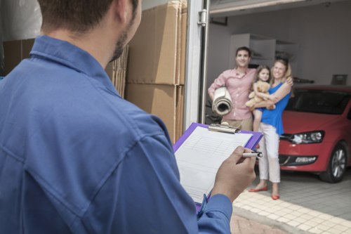 Packed office items ready for transport during a commercial move
